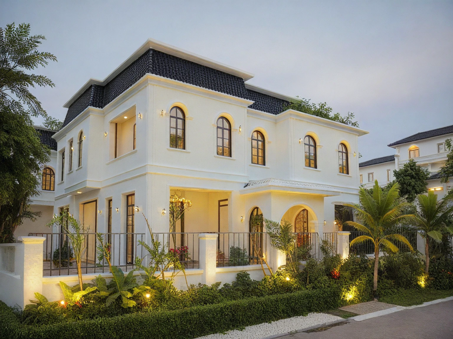 neo classical villa on street, (daylight), tropical tree, vivid colour, streetcapes, white tone, black detail, white wall, large glass door, warm interior lighting, best quality, masterpiece, ultra realistic