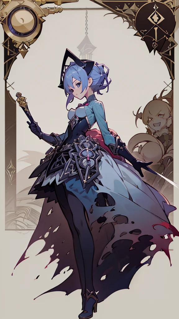 a close up of a poster with a girl on a bike, alchemist girl, mechanized witch girl, by Kamisaka Sekka, , by Kamagurka, like lady mechanika, character art of maple story, [ tarot card ]!!!!!, full portrait of elementalist, zerochan art, in style of cytus and deemo