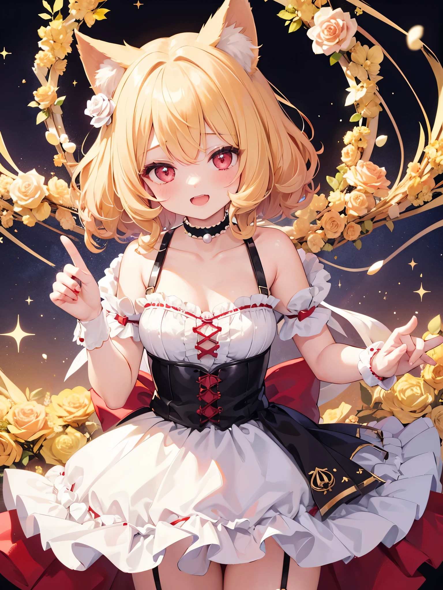 One girl, blonde hair, red eyes, sparkling eyes, laugh heartily, medium cut hair, curly hair, dog ears, pearls choker,rose garter belt,