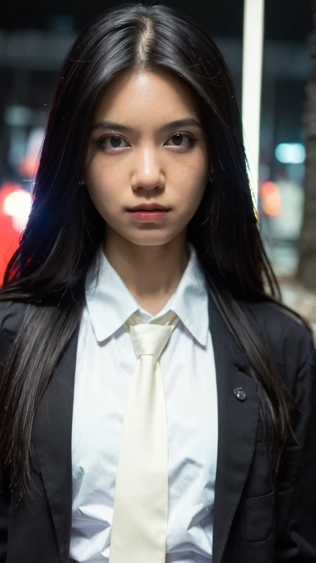 (masterpiece, best quality:1.4), realistic, photorealistic (hyper realistic:1.2), Tumblr, lomo photography, aesthetic photography, detailed face, detailed eyes, detailed clothes:1.2), 1 cute girl, messy hair, white shirt, necktie, black trouser, ((at parking lot)), dark lighting, night, ((sephia filter)), tired eyes, black eyeshadow