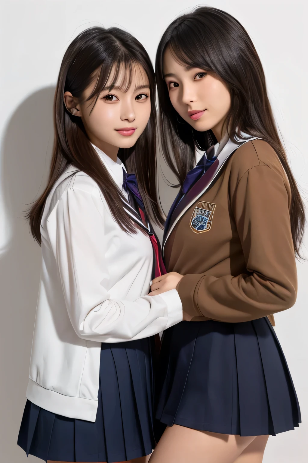 2 girls walking in windy street,long-sleeved sailor ,lifted up skirt by wind,white panties,school bag,18-year-old,bangs,a little smile,thighs,knees,low ponytails with barrette with white bow,hair browing in wind,from below,front light