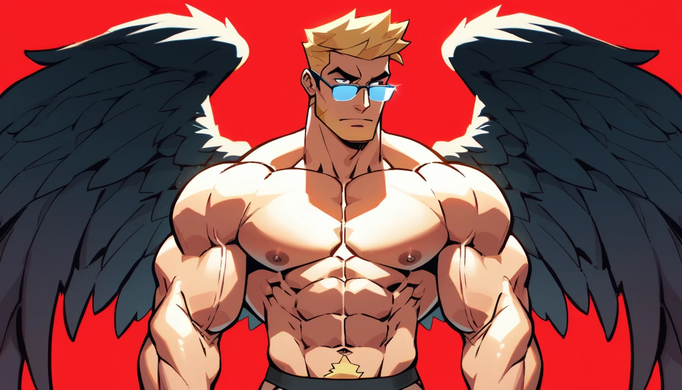 a muscular bodybuilder handsome cowboy with wings with jockstrap, crimson red background, big muscular, big chest, Thin waist, sfw, perfect anatomy, balanced anatomy, big bulging, sun glasses, dark wings, blonde, Caucasian, short haircut lights on muscles, bearded, black jockstrap, black cowboy hat, high resolution, high quality, masterpiece