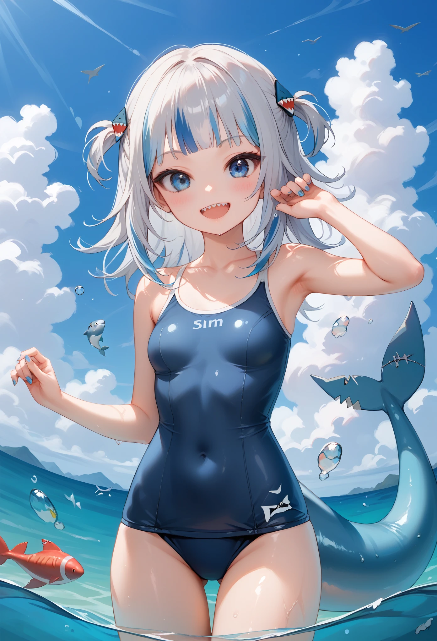 score_9, score_8_up, score_7_up,source_anime, high res image,masterpiece,best quality,girl,cute face,clear skin,shiny hair,ultra detailed eyes,1girl, swimsuit, tail, virtual youtuber, shark tail, school swimsuit, sharp teeth, fish tail, teeth, solo, breasts, fins, blue eyes, looking at viewer, multicolored hair, shark girl, outdoors, streaked hair, blue hair, blue bikini, hair ornament, smile, two side up, water, grey hair, open mouth, day, shark hair ornament, small breasts, frills, stomach, sky, :d, blue nails, cloud, thigh gap, long hair, armpits, bare arms, blue sky, partially underwater shot, bare shoulders, collarbone, blunt bangs, wading, ocean, nail polish, cowboy shot, thighs, hands upall breasts, blush, yokozuwari, medium hair