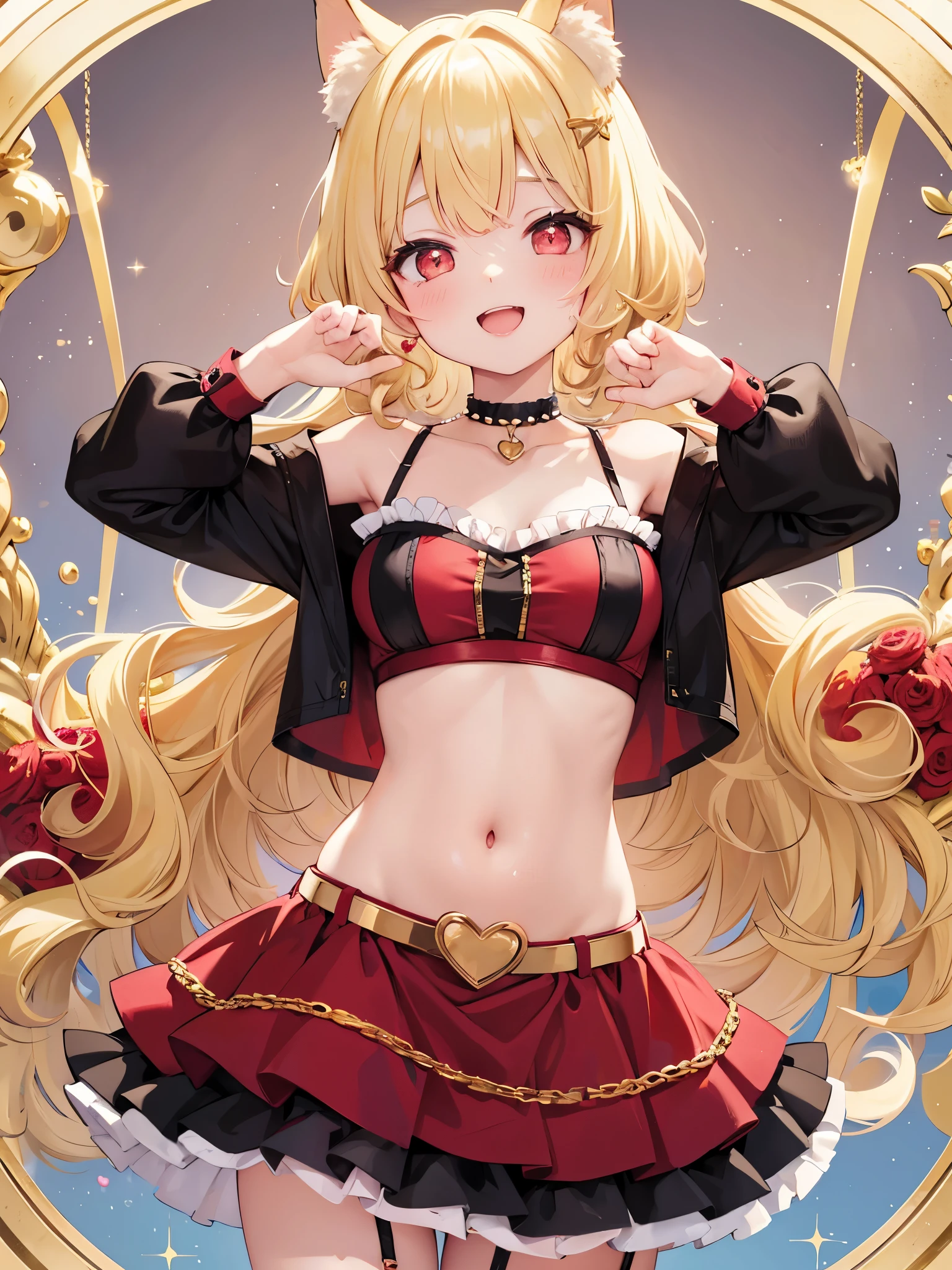 One girl, blonde hair, red eyes, sparkling eyes, laugh heartily, medium cut hair, curly hair, dog ears, pearls choker,gold garter belt,