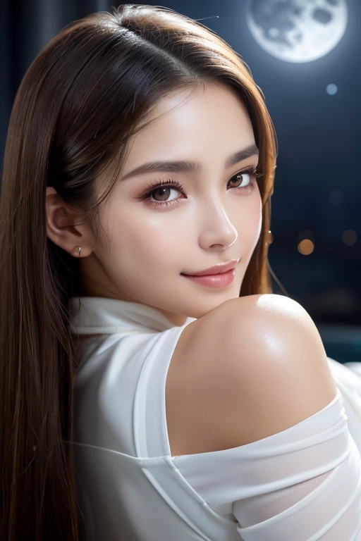 Latex bodysuit、Knee-high boots、Huge 、Long brown hair、Shiny, Oily skin、Glowing Skin、Indoor competition pool、White skin、Kimono beauty、The beauty of kimono, Body Portrait, 8k, Narrow and beautiful eyes, Dindal effect, masterpiece, 最high quality, high quality, High resolution, Very detailed photos, (Natural skin texture, Fine skin, Hyperrealism, Ultra Sharpness) , Skin with attention to detail, (Very fine, Fine skin texture, Intricate details, Beautiful Face, (A vivid face), Realistic eyes, Beautiful and detailed, Realistic Skin, Beautiful Skin, Surreal, Very detailed, Golden Ratio, Smiling Eyes, ((Night moonlight background)), Body Portrait, glamorous, Shiny Bodysuit