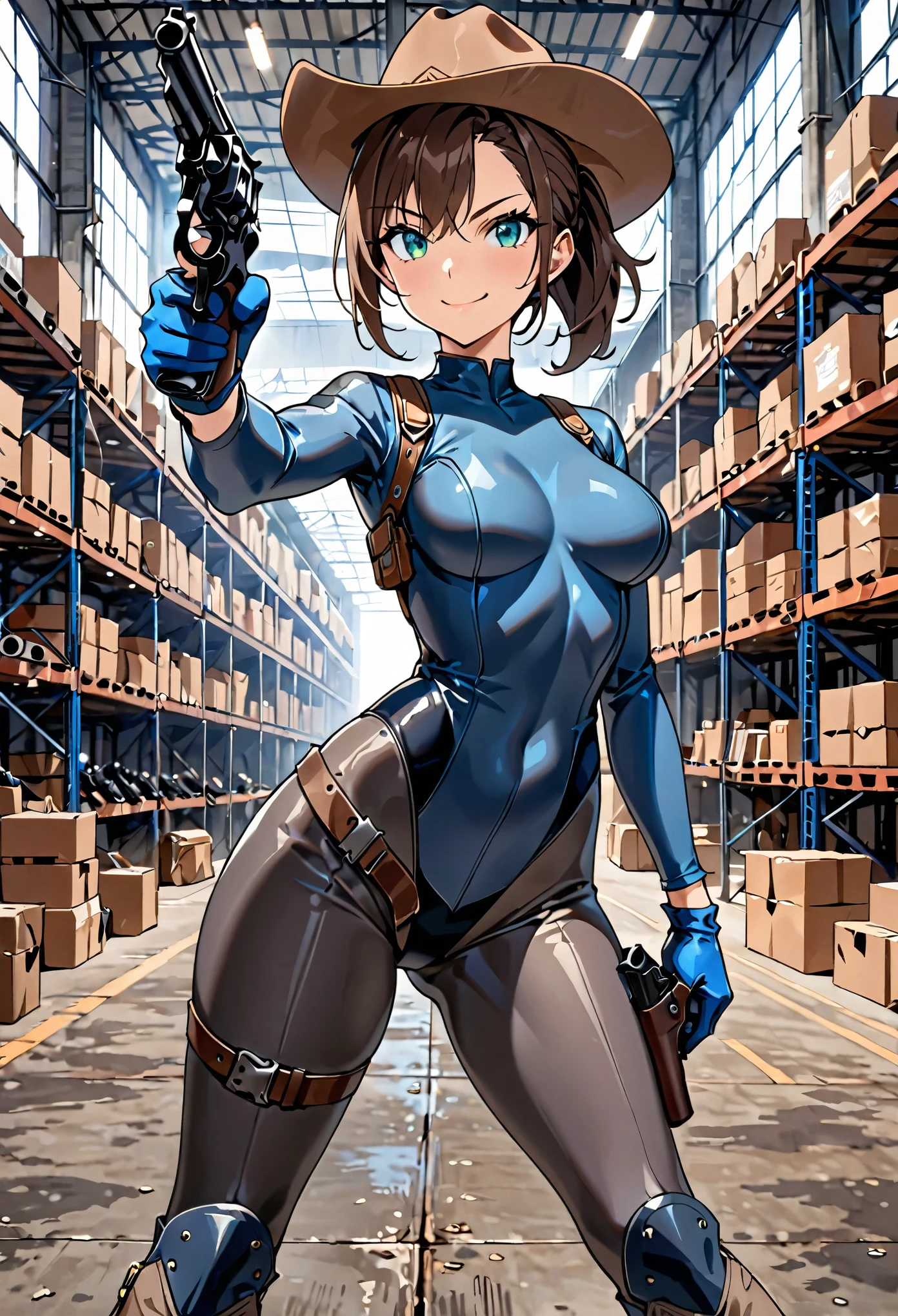 masterpiece, best quality, 8k, 1lady, solo, solo focus, (tall body), hispanic, brown hair, short hair, ponytail, blue-green eyes, medium breasts, beautiful detailed eyes, beautiful detailed face, smirk, ((brown cowboy hat)), (bodysuit, solid blue bodysuit, (leotard, black leotard:1.2, skin-tight dark grey leggings:1.2), perfect fit), long sleeves, (gloves, dark blue gloves, matching gloves, boots, combat boots, dark blue boots, matching boots), (tight belt:1.1, pouches, drop-down pistol holster, knee pads), ((pointing pistol at the viewer, revolver)), full body, cowboy shot, empty warehouse, danger atmosphere.