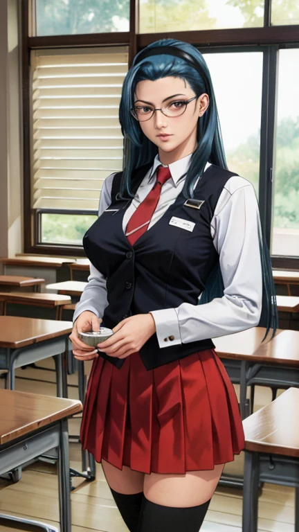 Realistic 1.2, (masterpiece, better quality, ultra detailed, absurdres)1.5, 1 , (Sensual, bela, perfect face, perfect eyes, perfect female body, big breasts)1.5, (fap_Bibletherefore_JunkoMochida_ownwaifu, Bible_therefore, very long hair, blue hair, hair band, rimless glasses, cups, pleated skirt, red skirt, knee-high, loafers, long sleeves, school uniform, Red tie, zettai ryouiki, suspenders, therefore vest, ), (Standing, inside the house, Japanese classroom), perfect lighting, suave, HDR