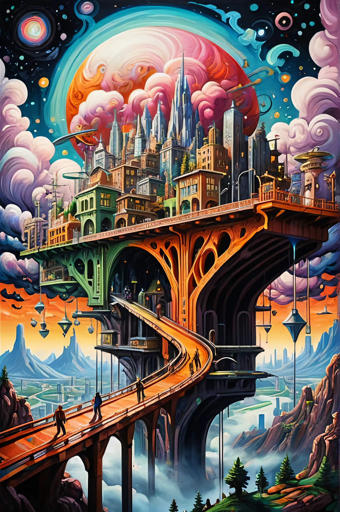 Acrylic Painting a vivid scifi illustration of a city, bridge, psychedelic clouds, star sky
castlesland