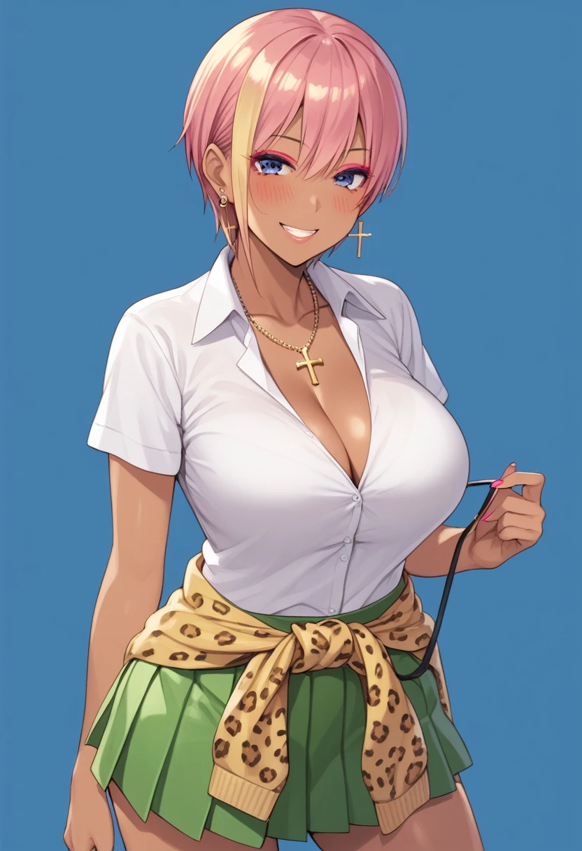 ichika nakano, short hair, bangs, blue eyes, hair between eyes, pink hair, skirt, shirt, school uniform, white shirt, short sleeves, pleated skirt, collared shirt, sweater, green skirt, clothes around waist, BREAK gyaru, (dark skin), (dark-skinned female), metallic tan, multicolored hair, blonde hair, (makeup), eyeshadow, grin, parted lips, blush, mature female, tall girl, looking at viewer, gleaming skin, bikini top, leopard print, cleavage, navel, cross earrings, necklaces, fishnets, (from front), standing, cowboy shot, rating_explicit, score_9, score_8_up, score_7_up, uncensored, 