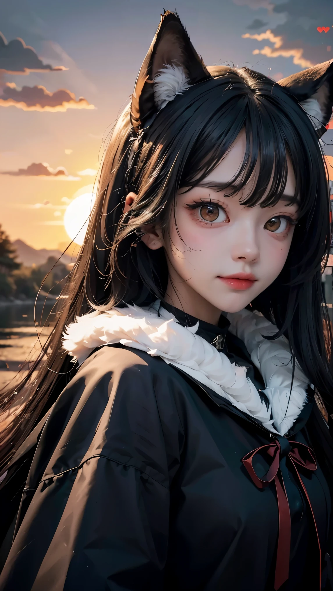 Don't Starve style, masterpiece, best quality, ultra-detailed, illustration, 1girl, black long hair, full red eyes, wolf ears, black mantle, fluffy collar, sunset