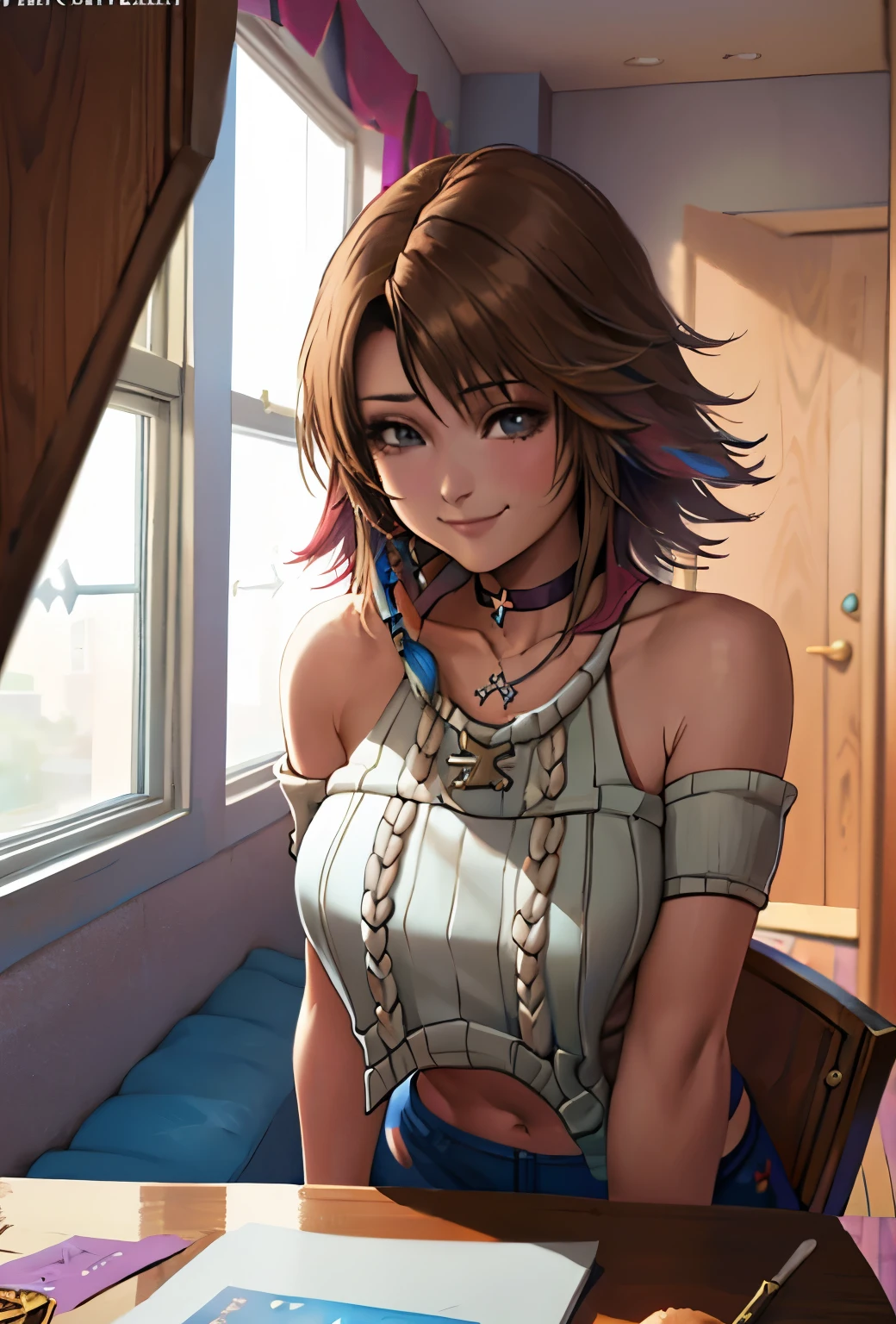 Yuna from Final Fantasy X, (((Alone))),(((virgin destroyer sweater, choker, ecchi))), ((shy smile)), dynamic angle, At home,
