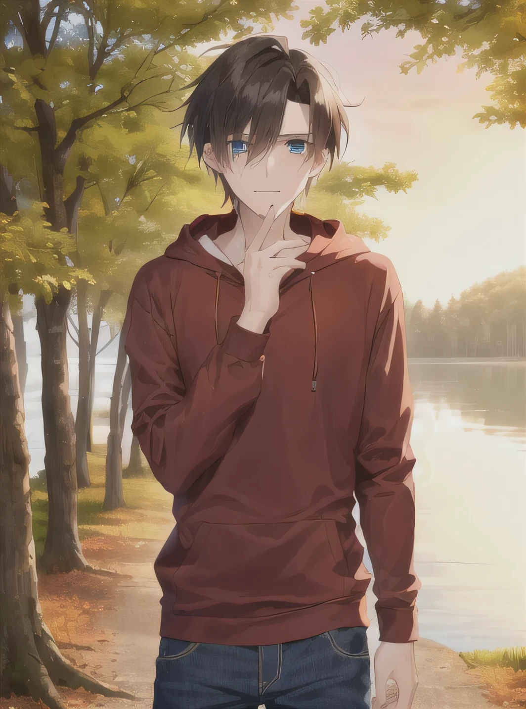 1 male,Tall, Slender, charming, brown hair, undercut, sweet,nervous, forest with lake, red hoodie, skinny jeans, blue eyes,confessing, romantic setting, alone,sunset,looking at you in tears, crying,fidling eith his hands,