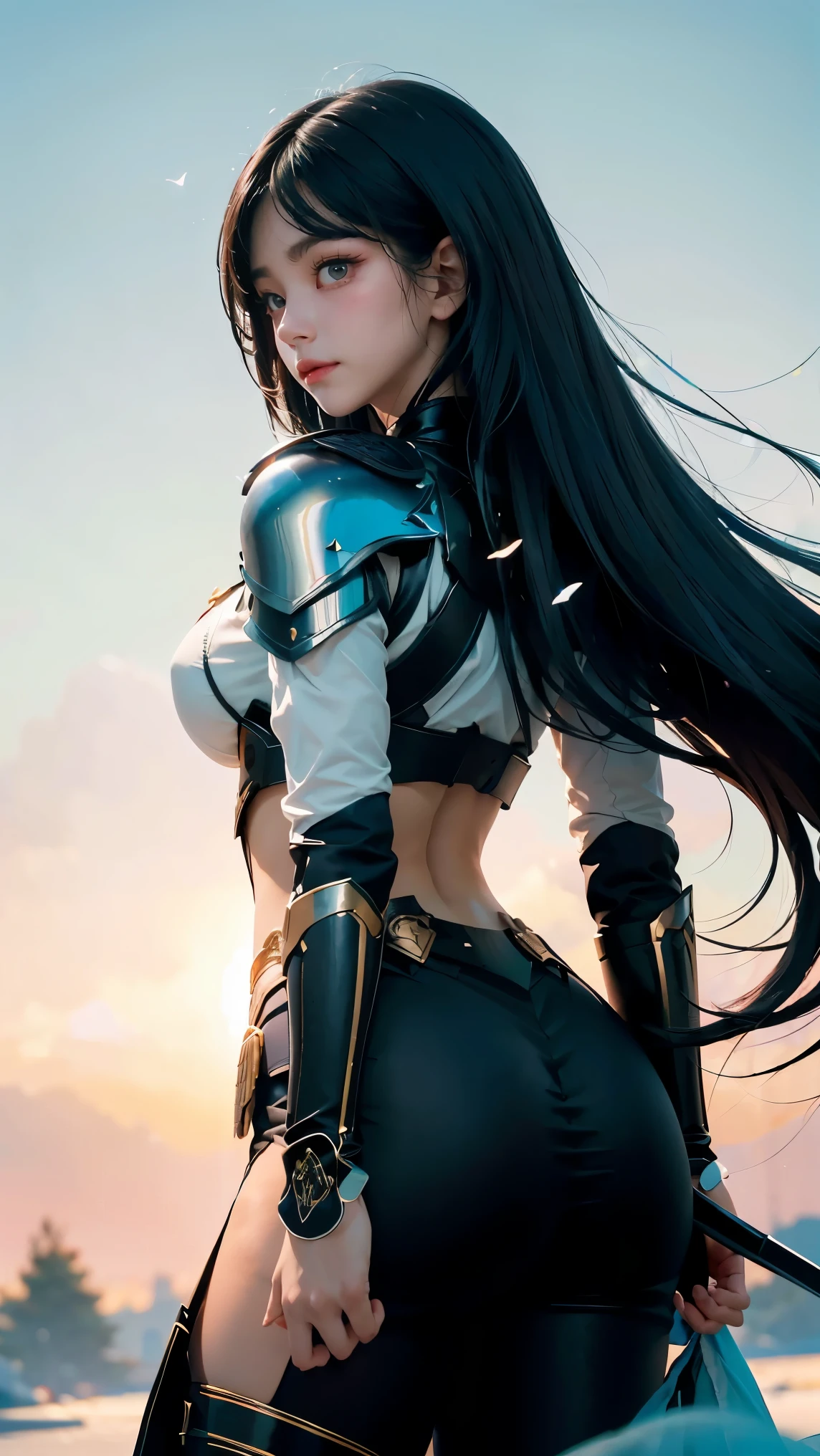 1girl, depth of field, official art, unity 8k wallpaper, ultra detailed, illustration, beautiful and aesthetic, masterpiece, best quality, knight, (big breasts), (milf, mature female), (black armor, armor, breastplate), beautiful face, (long hair, black hair, very straight hair:1.4, hime cut:1.4), blue eyes, cowboy shot, glowing skin, back lighting, athletic figure, muscular female, curvy, wide hips, colorful, looking at viewer, Hyperrealistic, gradient background, dark background, outline, fantasy, from the front, watercolor, traditional media, (chromatic aberration, intricate details), thick body, kim kardashan body type, ice queen, ice blades flying around,