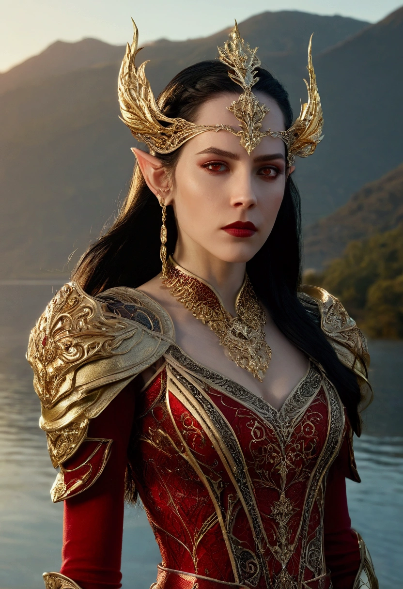 
"A stunning, high-definition fantasy character standing in a serene outdoor setting at sunset, with distant mountains and a calm body of water in the background. The female character has long, flowing black hair, pointed elf-like ears, and pale skin. She is adorned in ornate, red and gold armor with intricate details and metallic accents. Her headpiece is a striking golden crown with sharp, curved designs, adding a regal yet fierce appearance. She wears golden jewelry and a choker, and her expression is confident and determined, with bold red lips and intense eyes. The scene captures a balance of elegance, power, and mysticism."