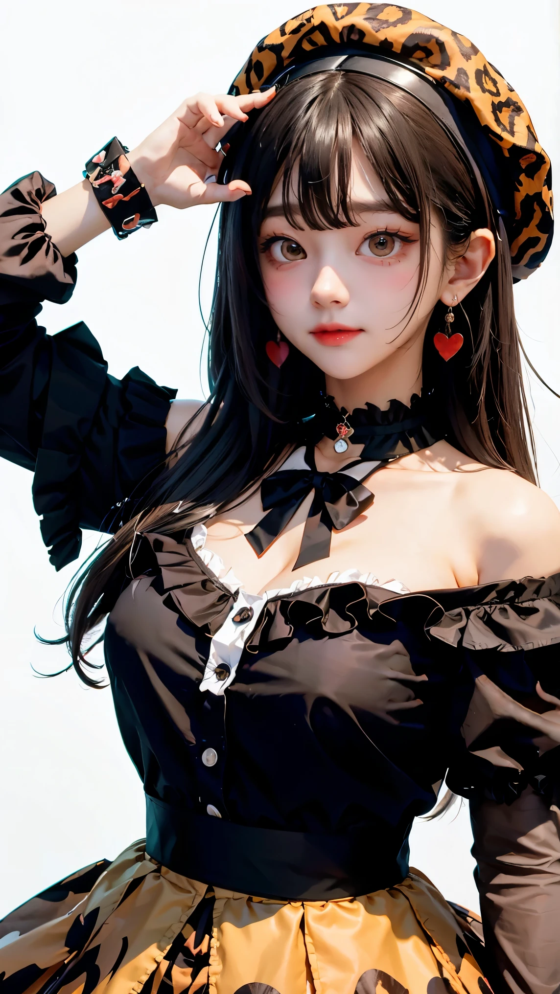 mayuzumi fuyuko, 1girl, solo, black hair, hat, jewelry, long hair, looking at viewer, bangs, earrings, skirt, white background, smile, shirt, simple background, heart earrings, long sleeves, heart, black headwear, black shirt, frilled choker, breasts, brown eyes, choker, blunt bangs, upper body, beret, medium breasts, brown skirt, frills, nail polish, ribbon, red nails, closed mouth, animal print, blush, frilled sleeves, leopard print, neck ribbon, own hands together