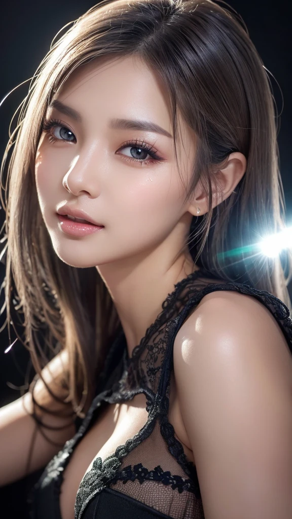 (8k, RAW photo, photorealistic:1.25) ,( lipgloss, eyelashes, gloss-face, glossy skin, best quality, ultra highres, depth of field, chromatic aberration, caustics, Broad lighting, natural shading,Kpop idol) looking at viewer with a serene and goddess-like happiness,