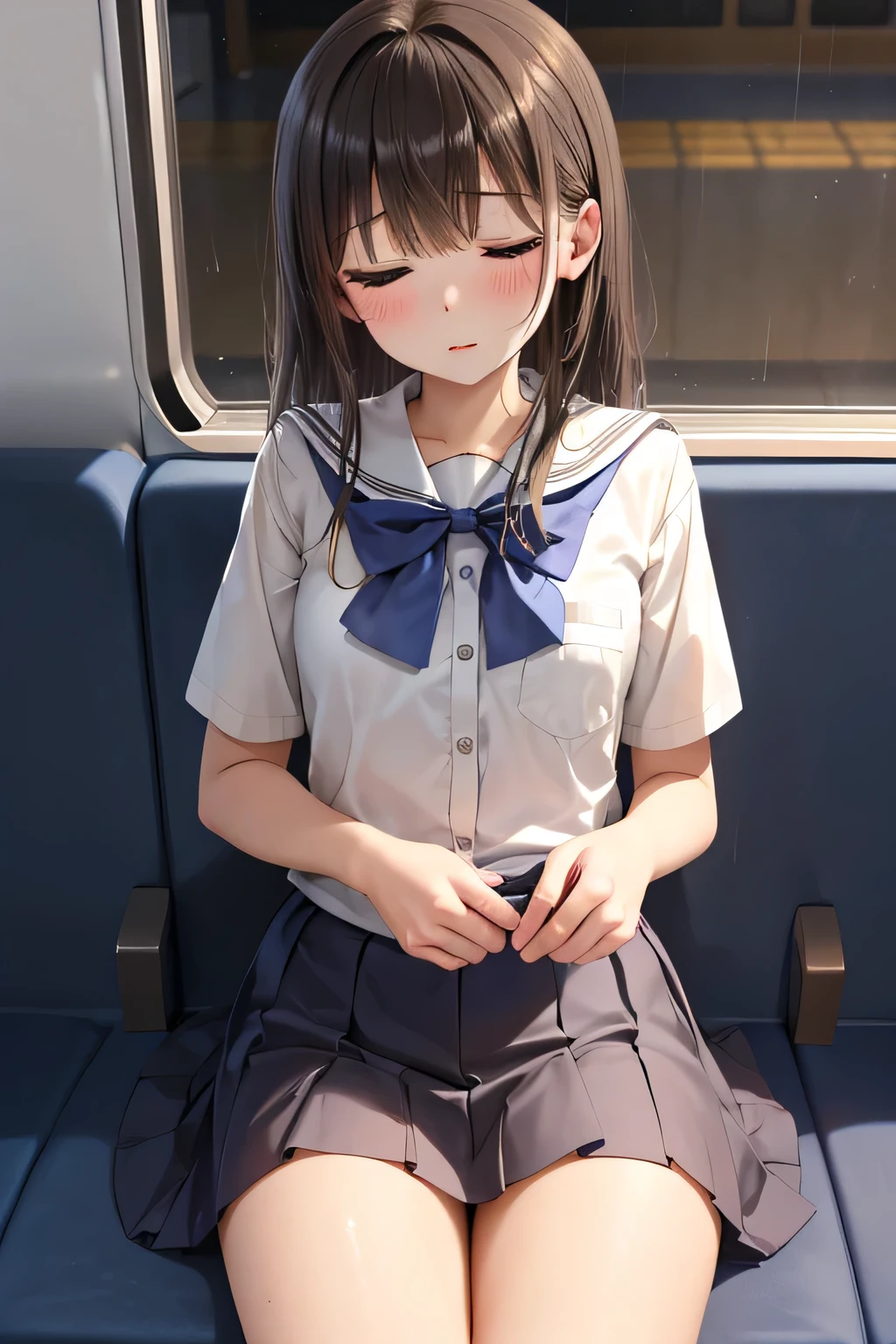 (())、Shiny brown hair, Sleeping with eyes closed、超fine grain、High quality face, Very fine grain,Cowboy Shot、 girl, Like, evening,
((Best Quality, 8k, masterpiece: 1.3)),
Beauty, Hide your face, 1 girl,beautiful: 1.3,
School uniform, short , (On the train at night),
High quality face, Detailed lips, fine grain, double eyelid, Get wet,Being sexually abused,I was splashed with sex fluids by a pervert, Deep sleep, Sleeping in the seat, One person, Open your chest, stains the skirt、