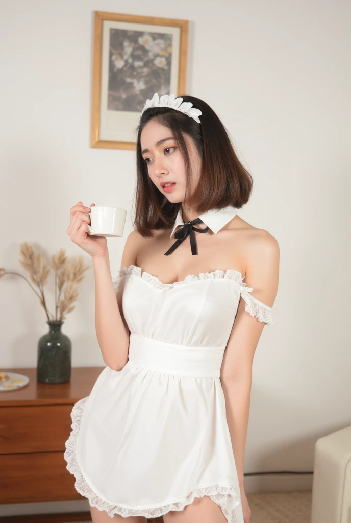 a woman dressed in a sexy mini white maid outfit, adorned with a black ribbon and a white bonnet. She is holding a white teacup in her left hand, adding a touch of color to her outfit. The backdrop is a stark white wall, with a wooden cabinet below it, and a framed picture hung on the wall. The woman's hair is styled in a sleek bob, and her eyes are focused on the left side of the frame.