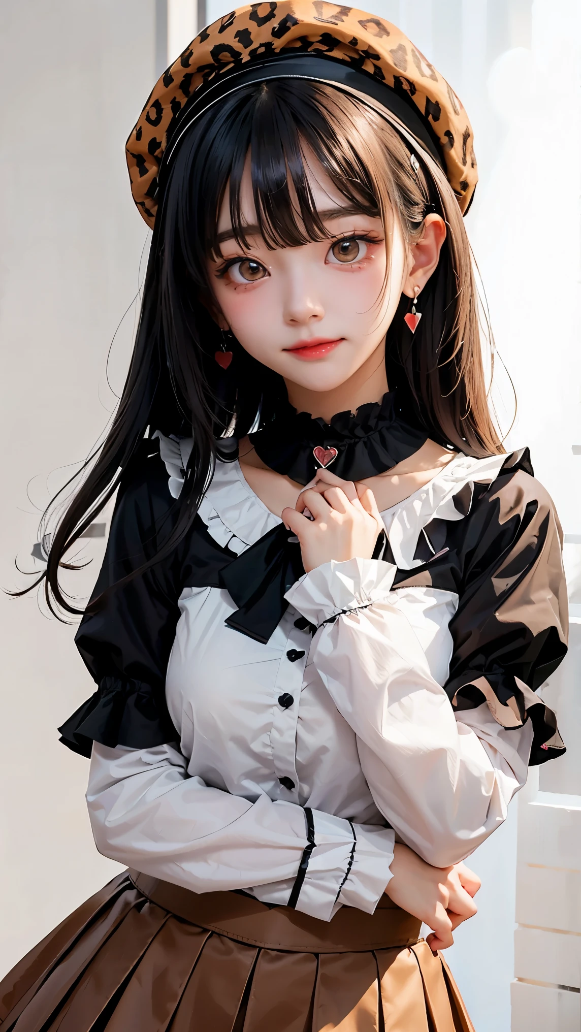 mayuzumi fuyuko, 1girl, solo, black hair, hat, jewelry, long hair, looking at viewer, bangs, earrings, skirt, white background, smile, shirt, simple background, heart earrings, long sleeves, heart, black headwear, black shirt, frilled choker, breasts, brown eyes, choker, blunt bangs, upper body, beret, medium breasts, brown skirt, frills, nail polish, ribbon, red nails, closed mouth, animal print, blush, frilled sleeves, leopard print, neck ribbon, own hands together