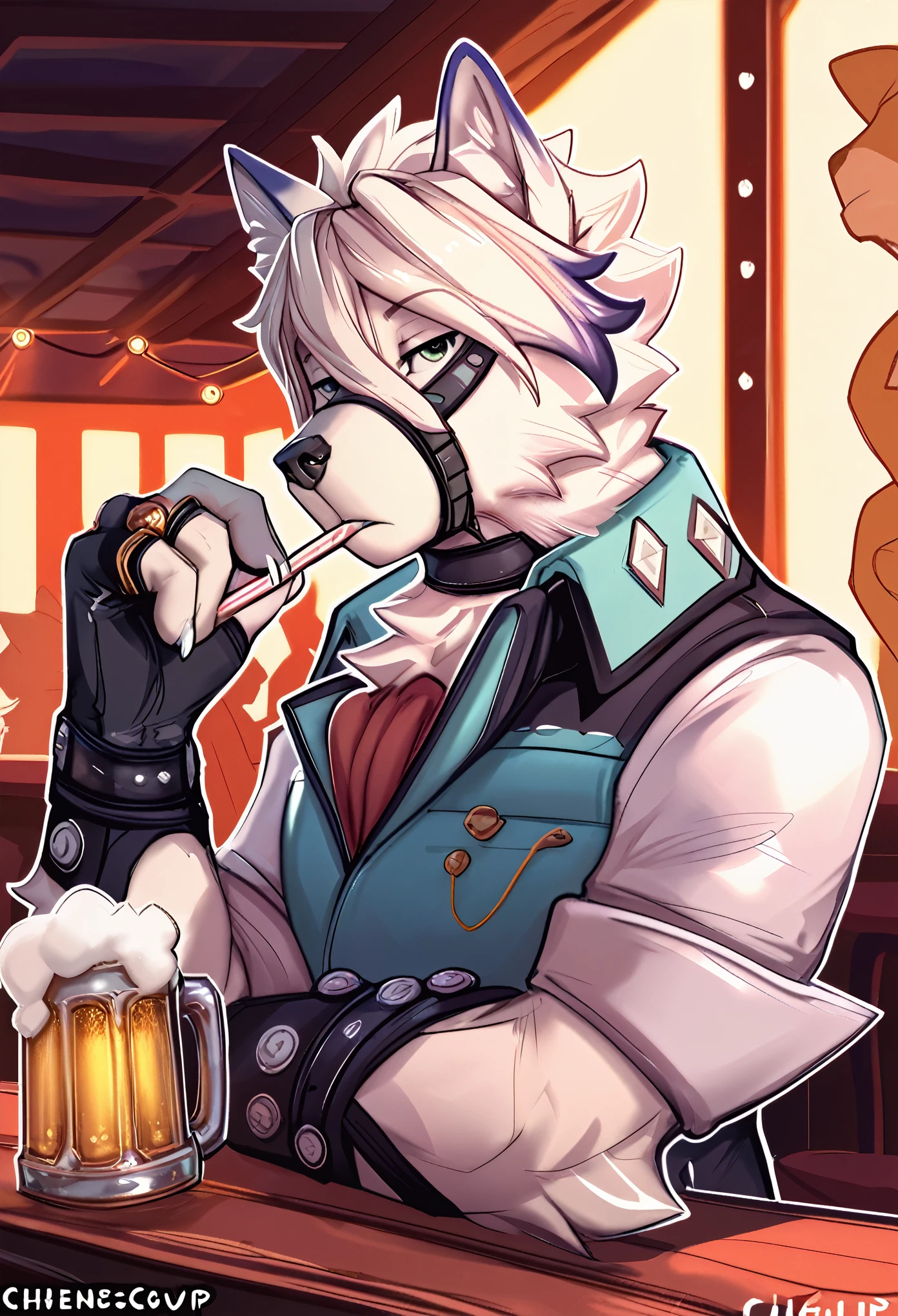 Highest quality, Highest quality, High quality illustrations, masterpiece, Ultra-high resolution, Detailed Background, Absurd, Perfect Anatomy, performance, Good lighting, Cafe, Shadows in the movies(kemono, Furry Personifi猫ion), by lycaon, Wolf, male, Muscle Body, Rubber Suit, latex, Eyepatch on right eye, Harness, rubber jacket, Red eyes, Serve drinks, cyber punk, null bulge, smile, Dynamic Angle