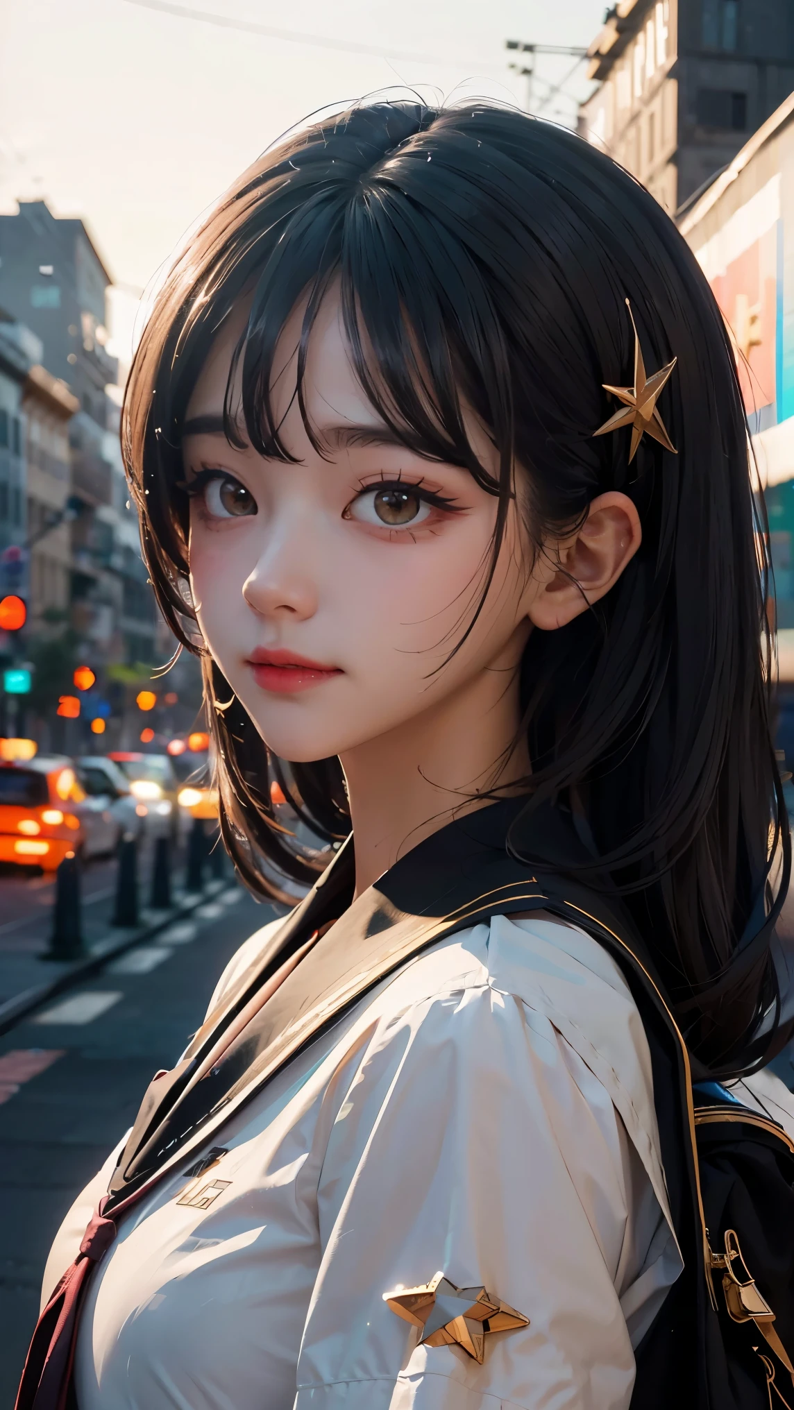 1girl, (extremely detailed CG unity 8k wallpaper),(masterpiece), (best quality), (ultra-detailed), (best illustration),(best shadow), cowboy shot, (sharp eyeliner, eyeshadow, detailed eyes:1), city background, ,BREAK , (star15school:1.2), hair ornament, ,  