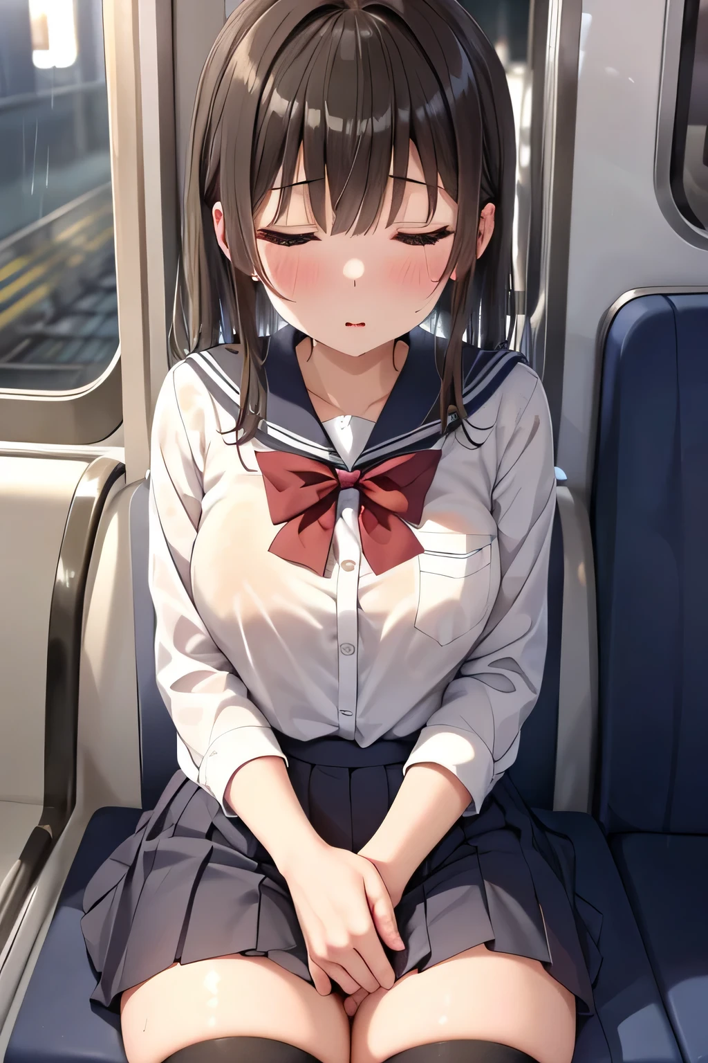 (())、Shiny brown hair, Sleeping with eyes closed、超fine grain、High quality face, Very fine grain,Cowboy Shot、 girl, Like, evening,
((Best Quality, 8k, masterpiece: 1.3)),
Beauty, Hide your face, 1 girl,beautiful: 1.3,
School uniform, short , (On the train at night),
High quality face, Detailed lips, fine grain, double eyelid, Get wet,Being sexually abused,I was splashed with sex fluids by a pervert, Deep sleep, Sleeping in the seat, One person, Open your chest, on the skirt、