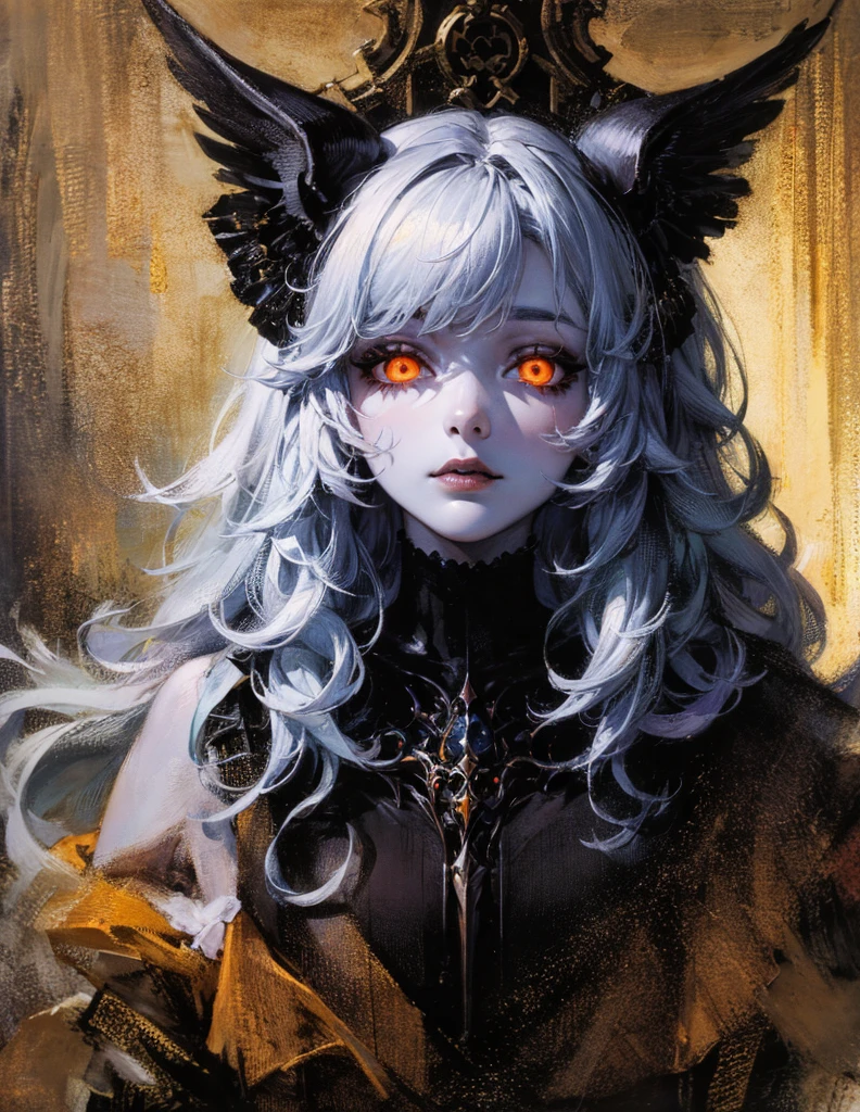 (best lighting) (best quality, masterpiece:1.2), (absurdres), 4k, (detailed eyes), (detailed face), ethereal , demonic woman with ((pale blue skin)) and ((glowing orange eyes)) wearing medieval armour and bodysuit. She has long white hair and is standing in front of a towering gothic castle, illuminated by a large moon over head, curvy, white wings and long horns, dark, moody, ((gothic)), ((dark fantasy)), medieval