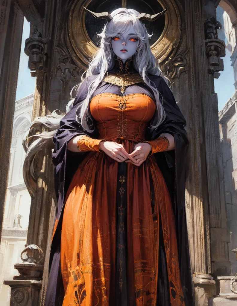 (best lighting) (best quality, masterpiece:1.2), (absurdres), 4k, (detailed eyes), (detailed face), ethereal , demonic woman with ((pale blue skin)) and ((glowing orange eyes)) wearing medieval armour and bodysuit. She has long white hair and is standing in front of a towering gothic castle, illuminated by a large moon over head, curvy, white wings and long horns, dark, moody, ((gothic)), ((dark fantasy)), medieval