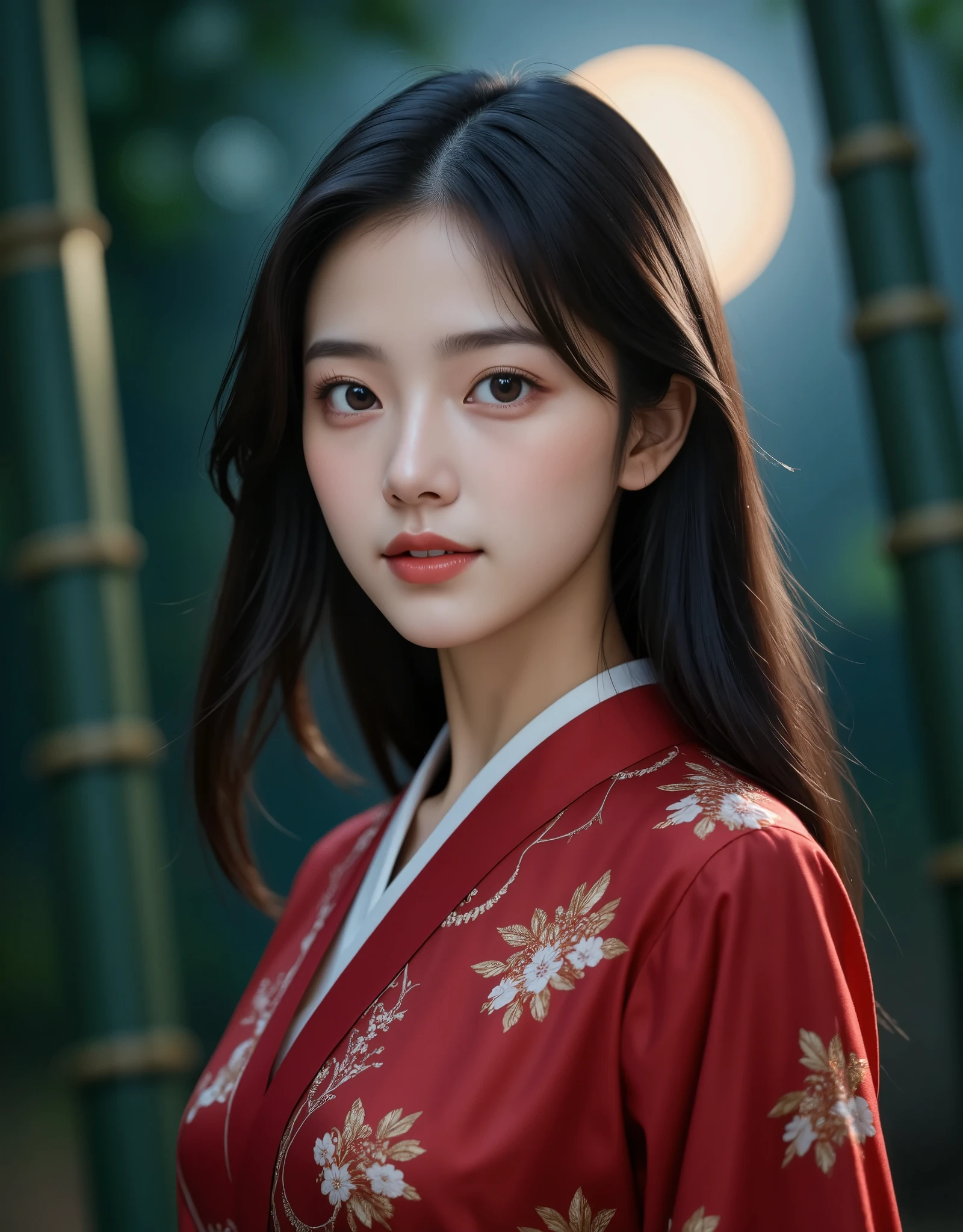 (Front Focus), Young Japanese beauty, Princess Kaguya, Beautiful long black hair,　(She is wearing a beautiful red luxurious kimono,A kimono with a white and gold Japanese-style flower pattern on a red fabric  )Fantasy art, Realistic, moving lighting, Art Station, Poster, Volumetric lighting, The face is very detailed, 4k yen, Award-winning,  Deep Shadow, Modest, , (Very beautiful、Full moon in a fantastic bamboo forest), 
