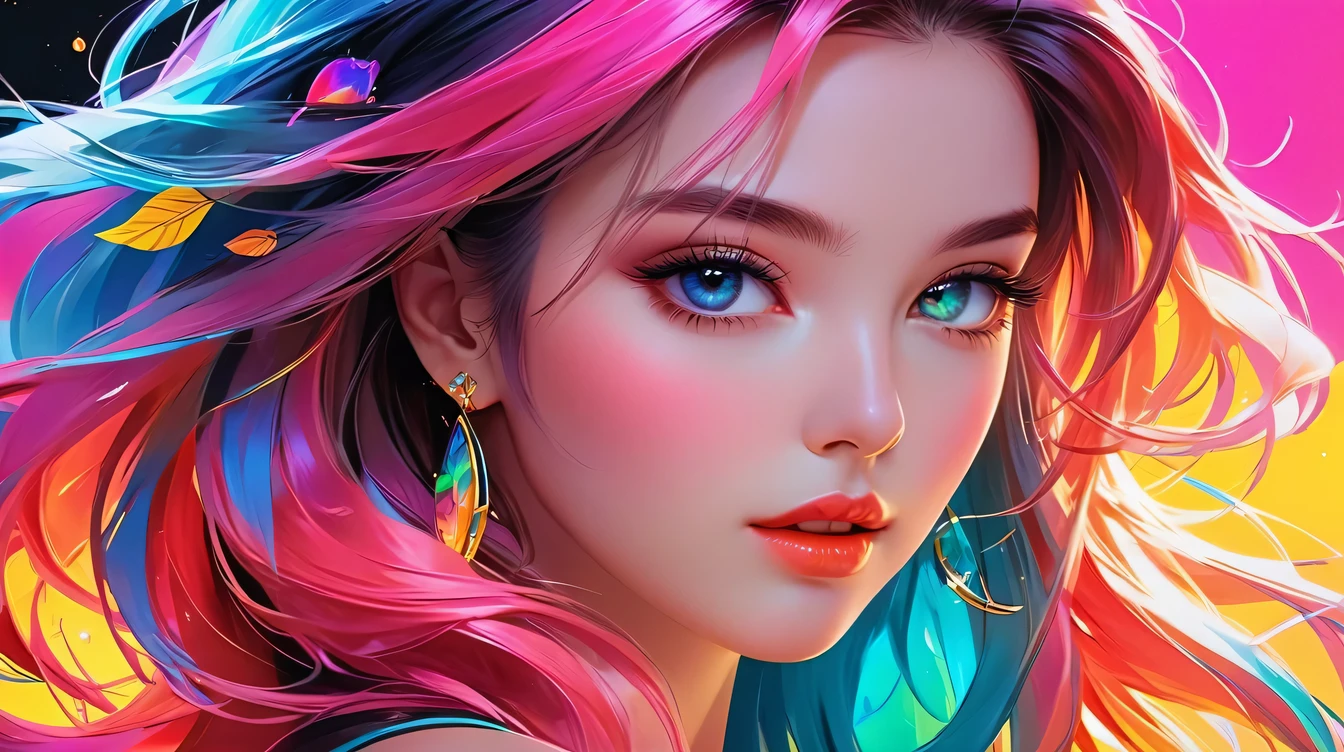 a close up of a woman with long hair and colorful hair, colorful digital painting, vibrant digital painting, colorful digital art, glossy digital painting, exquisite digital illustration, digital art 4 k, gorgeous digital art, digital art 4k, rossdraws cartoon vibrant, digital art high quality, beautiful digital art, colorfull digital fantasy art, colorful illustration, colourful digital art