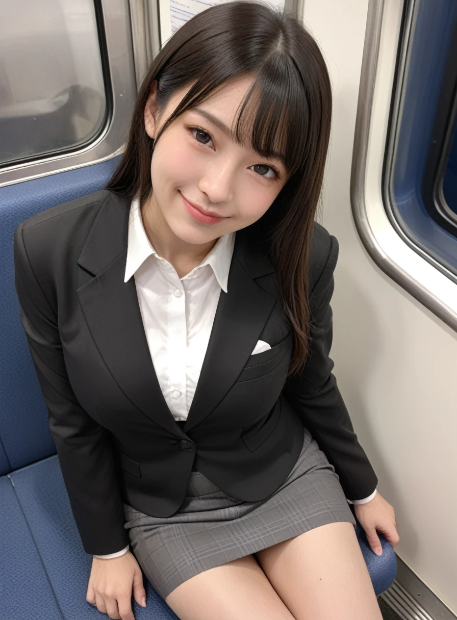 Prompt: score_9, score_8_up, score_7_up, realistic, photo, detailed face and eyes, detailed skin, (cute:1.1), BREAK
uncensored, realistic, in train, tokyo, (at night:1.2), (from above:1.3),
(1girl, solo:1.3),
24yo beautiful japanese girl,
very cute, gentle expression, (big and drooping black eyes:1.3),
black hair, long hair, bangs, half closed eyes, closed mouth, naughty face,
slender, thin figure, thin legs,  (gigantic breasts), 
(business suit:1.2), office_uniform, (black suit:1.3), white shirt, pencilskirt, pantyhose, (microskirt:1.2),
looking at viewer, eye contact, seductive look, feminine face, smug, temptation,
sitting on train long seat, 