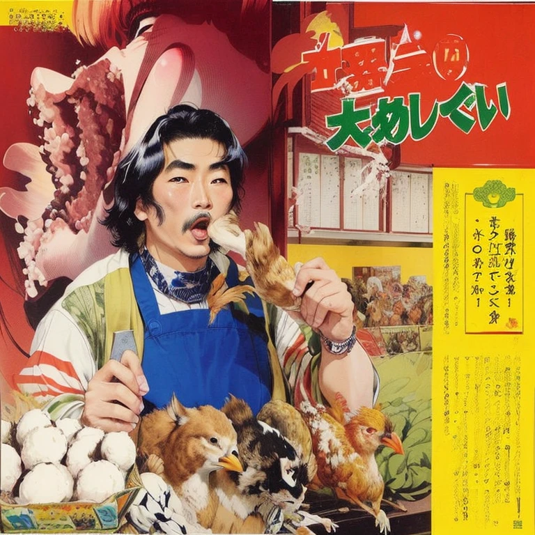 大きなあごひげと大きなmouthひげを生やした男性の日本のポスター, Japanese TV shows from the 1970s, Chicken Man, Japan VHS cover art, Kazuo Umezu Artwork, Food Advertising, By Tadanori Yokoo, By Hirohiko Araki, mouth, Tatsuyuki Kitanaka Movie Poster, Keizan Okada