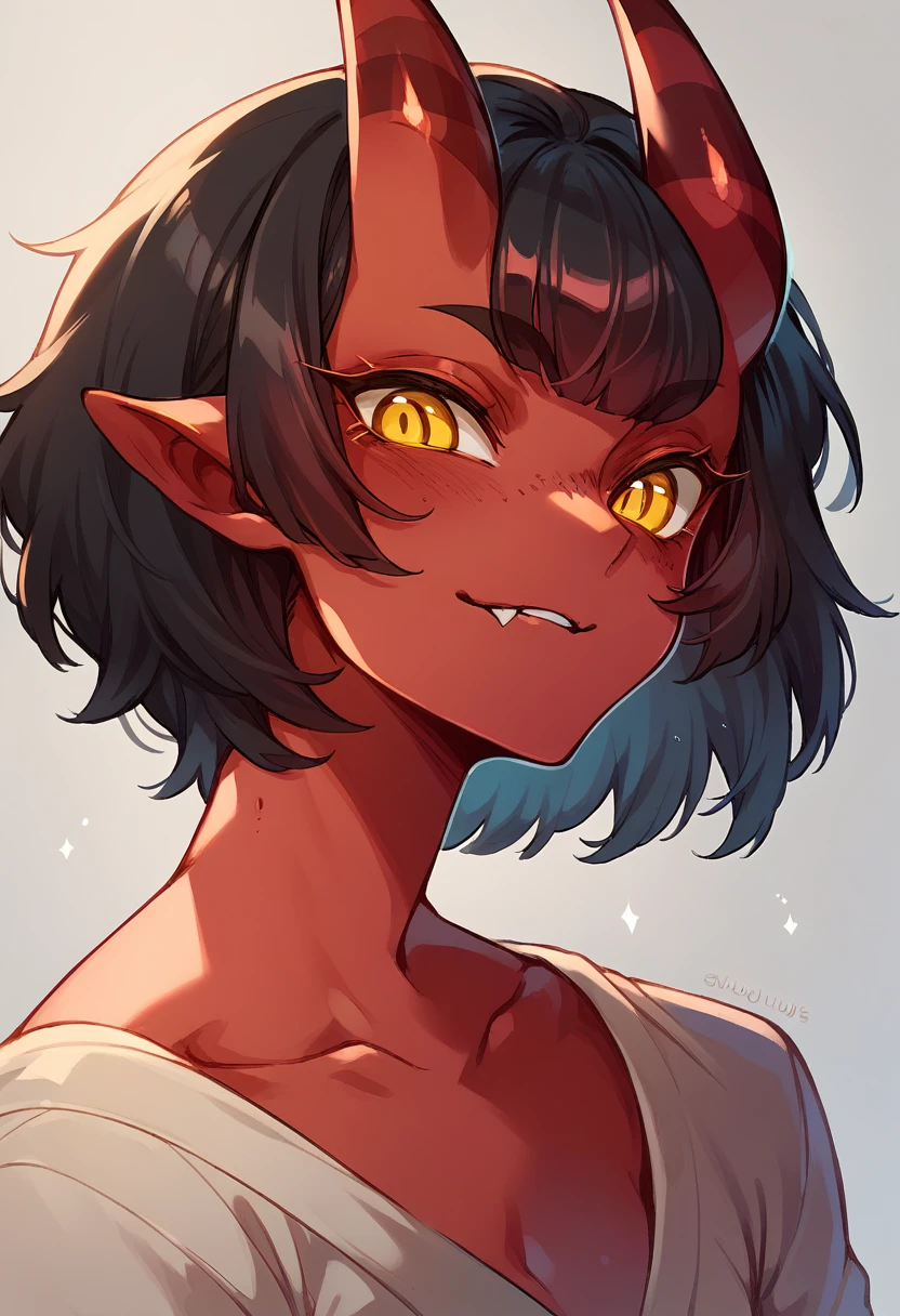 Meru the sucubus, red skin, horns, sucubus, yellow eyes, black hair