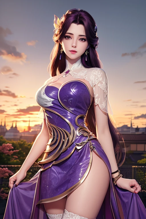 (,1girl, pov,best quality, ) , (((,1girl, solo, large breasts, looking at viewer, cherry blossoms,   , purple_hair, purple_eyes, long_hair, breasts, solo, cloud, jewelry,tight black mini dress,stockings, sunset, sky ))) ultra realistic 8k cg, flawless, clean, masterpiece, professional artwork, famous artwork, cinematic lighting, cinematic bloom, perfect face, beautiful face, fantasy, dreamlike, unreal, science fiction, lace, lace trim, lace-trimmed legwear, luxury, jewelry, diamond, gold, pearl, gem, sapphire, ruby, emerald, intricate detail, delicate pattern, charming, alluring, seductive, erotic, enchanting, hair ornament, necklace, earrings, bracelet, armlet,halo,autumn,