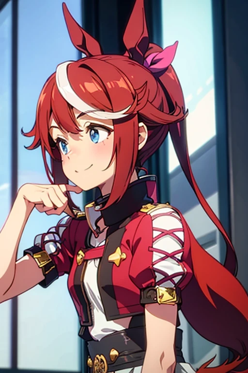 (highest quality:1.2, Very detailed, up to date, Vibrant, Ultra-high resolution, delicate strokes, High Contrast, masterpiece:1.2, highest quality, Best aesthetics), bery round face, very cute face, (((1 girl))), pyra \(xenoblade chronicles\), red eyes, masterpiece, maximum quality, 4k,  ultra detailed, (((highschool uniform))), standing, leaning slightly forward, bright smile, crystal red eyes, round face, soft light, shiny hair, friendly smile, thighs slightly large, hips slightly wide, 3 quarters of the body, looking at the viewer, front, high angle view, big chest,