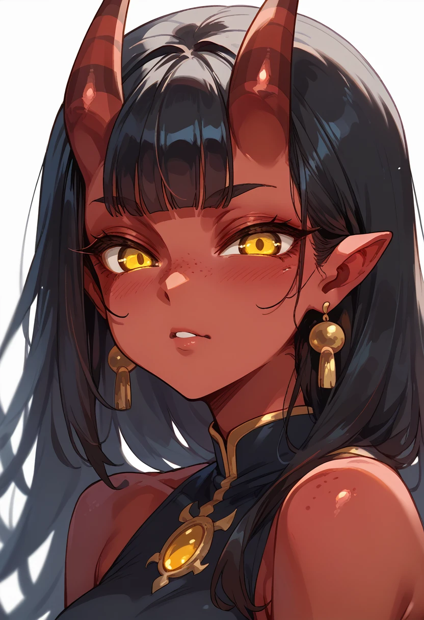 Meru the sucubus, red skin, horns, sucubus, yellow eyes, black hair