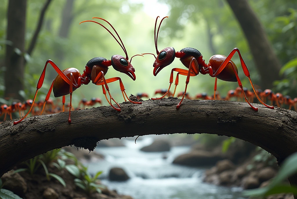 The leaders of two separate colonies of ants meet at the centre of a fallen tree that crosses a river, they prepare for battle to decide who has the right to cross to the other side.