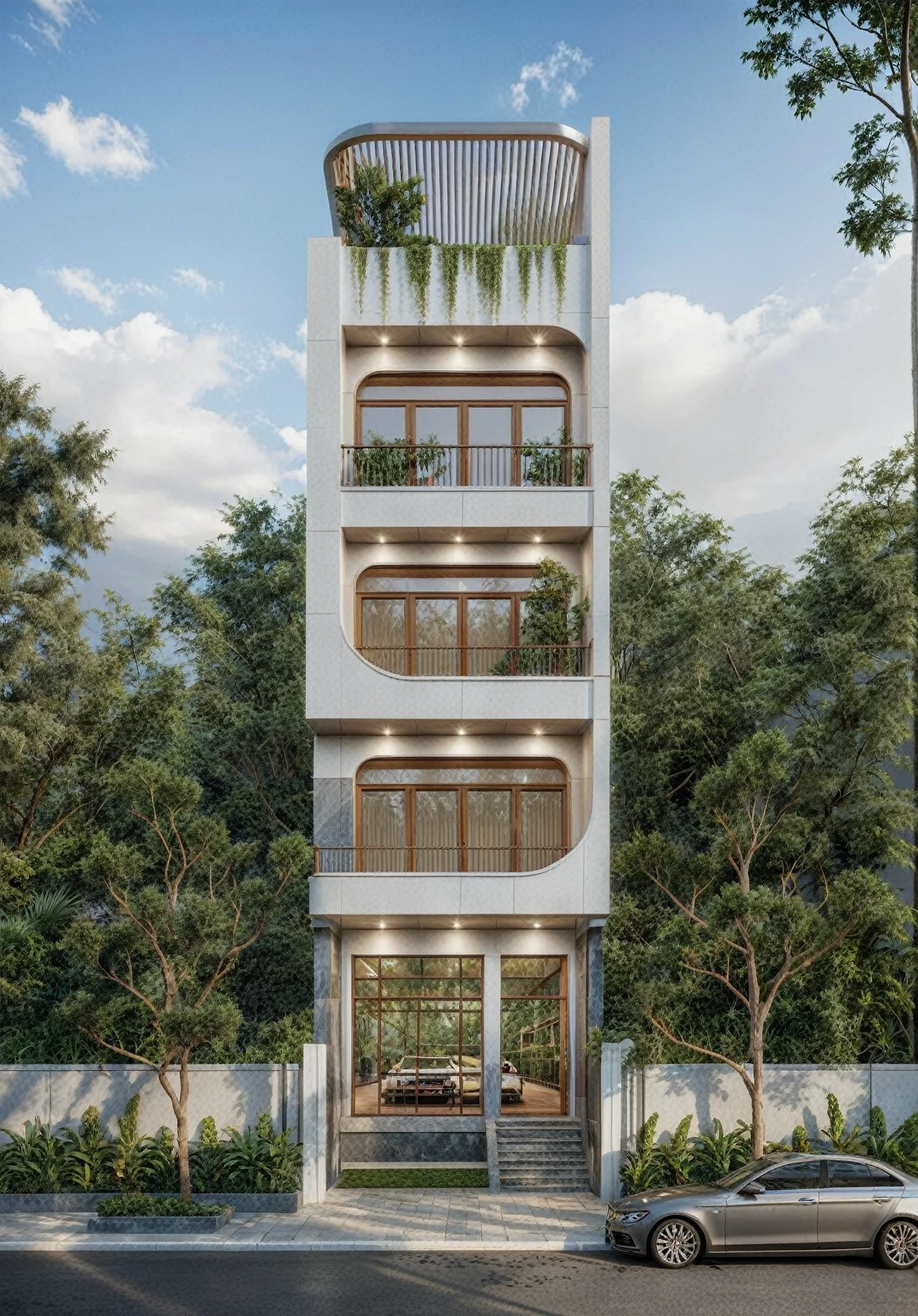 a rendering of a modern building with a balcony, exterior design, residential design, concept house, front elevation view, complete house, mid-view, frontview, elevation view, contemporary house, overall architectural design, comprehensive 2 d render, residential, front-view, modern architecture design, realistic material,wood paneling 