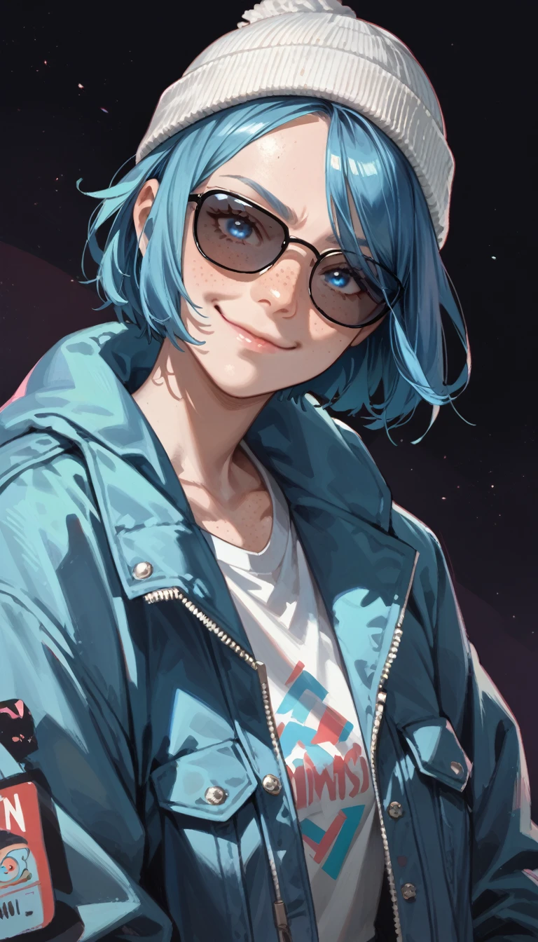 Cartoon of a girl, closed mouth, smirk, blue eyes, watching over black sunglasses, freckles, looking at viewer, short hair, blue hair, pale skin, jacket, beanie, neon light reflections on skin, dark background