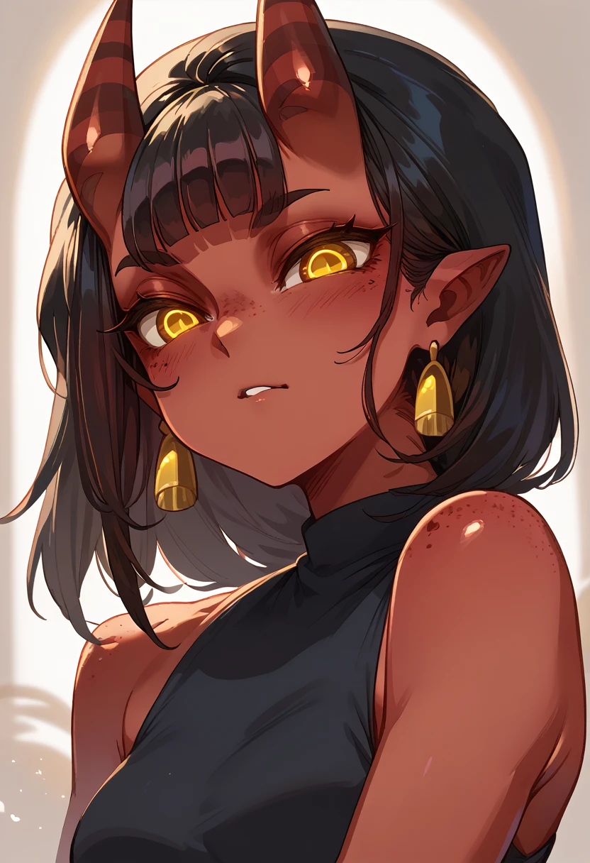 Meru the sucubus, red skin, horns, sucubus, yellow eyes, black hair