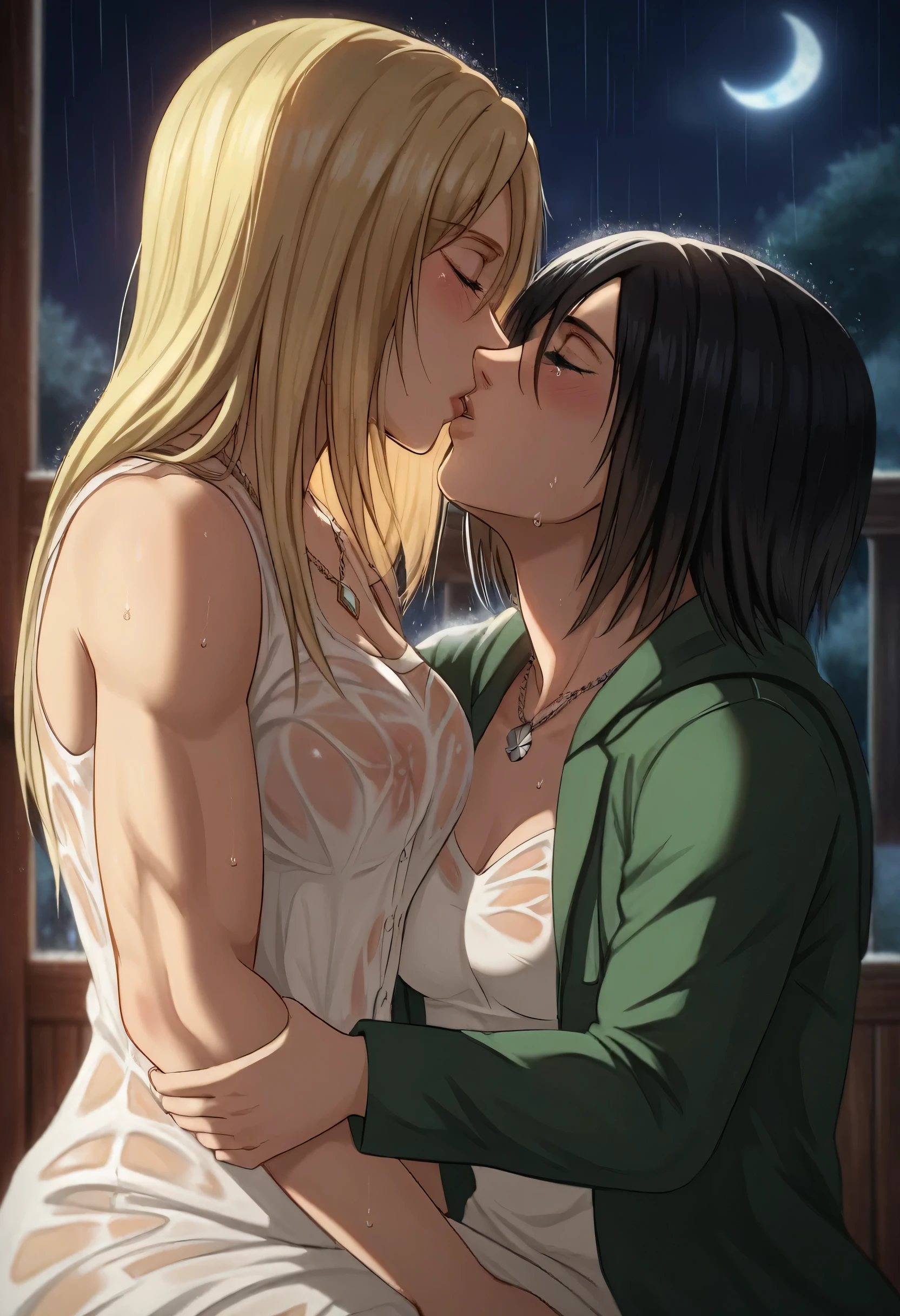 score_9, score_8_up, score_7_up, BREAK source_anime, historia reiss, blue eyes, blonde hair, long hair, medium breasts, long white dress sleeveless,female black hair soldier hugs historia,Mikasa with historia hugs,mikasa wreanig open green jacket and black combat pants,Mikasa female with short hair,mikasa female medium breasts,eyes closed,in night,moon in sky,mikasa final season,mikasa,Mikasa hugs historia،mikasa femboy,mikasa final season,historia blonde hair,hugs and kissing,mikasa carrying historia and kissing her,Mikasa lifts Historia up and kisses her.in middle night,raining outside,mikasa final season,girls kissing,girl×girl,lesbians,yuri,romantic wallpapers,historia sitting on mikasa and kissing her,Mikasa in both hands touch historia ass, raining,wet body's,water dropped on mikasa and historia body's,mikasa final season design,character's from season 4,historia crying while kissing mikasa,crying both,one of Historia hands touch mikasa abs,romantic kissing,wet clothes,deep hugs,Perfect generation, mikasa and historia soo white skins,4k,mikasa wreanig chains necklace,six-pack appearance in mikasa open green jacket,mikasa handsome girl,historia soo beautiful,historia skinny and soft body,mikasa lean muscles body,yuri hentai,both half naked