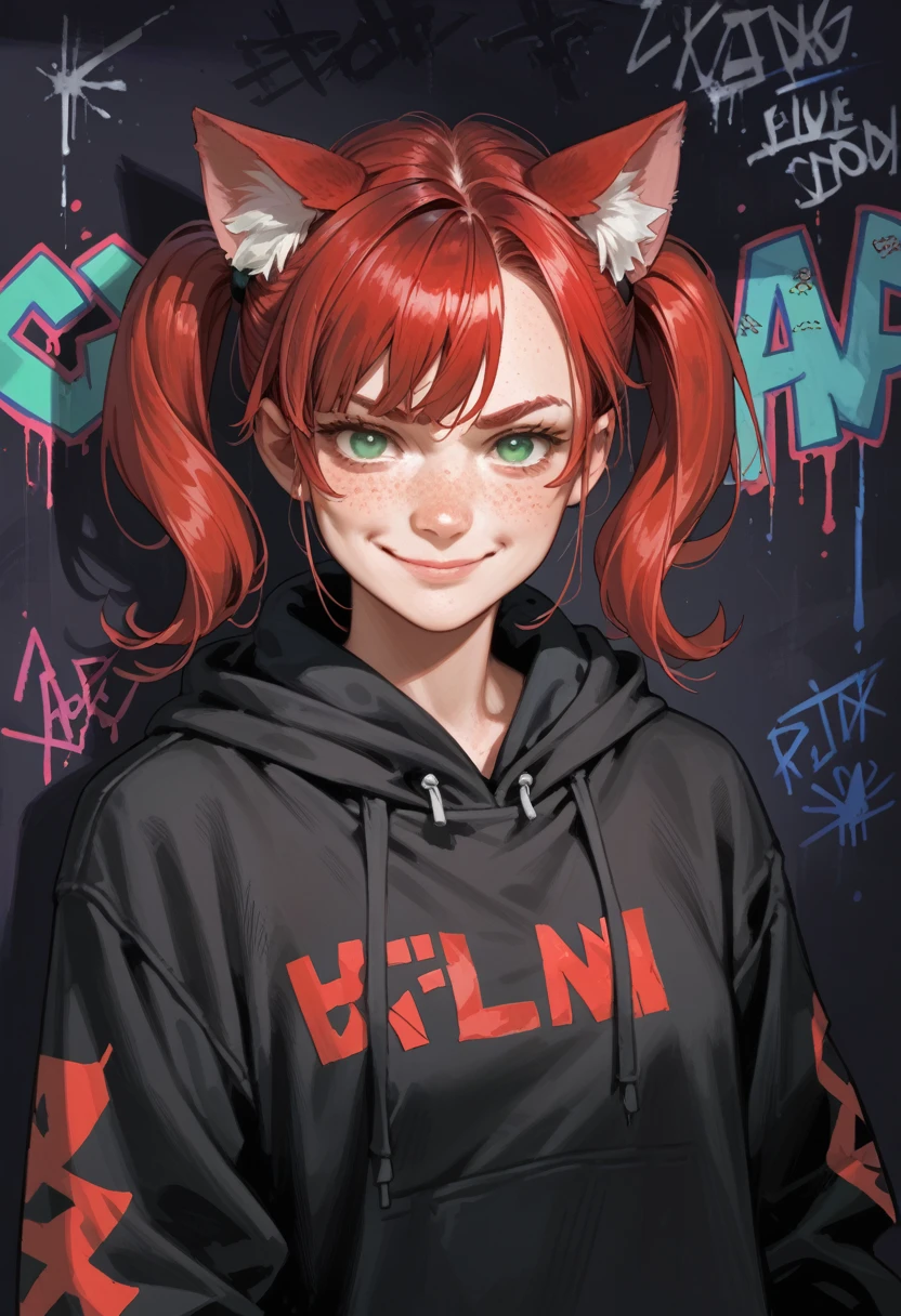 Cartoon of a woman, green eyes, closed mouth, smirk, freckles, looking at viewer, red hair, smooth hair, twintails, cat ears, black hoodie, dark background, graffiti ink and splashe
