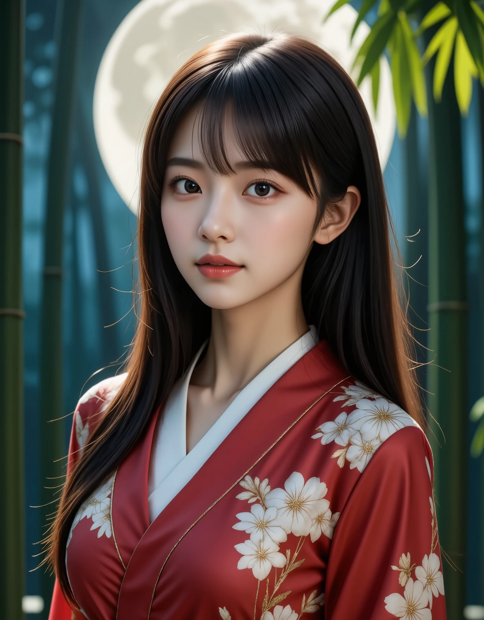  Young Japanese beauty, cute, Princess Kaguya, Beautiful straight long black hair,　(She is wearing a beautiful red luxurious kimono,A kimono with a white and gold Japanese-style flower pattern on a red fabric, Very neat)Fantasy art, Realistic, moving lighting, Art Station, Poster, Volumetric lighting, The face is very detailed, 4k yen, Award-winning,  Deep Shadow, Modest, whole body , (Very beautiful、Full moon in a fantastic bamboo forest), (masterpiece, best quality:1.2),　
