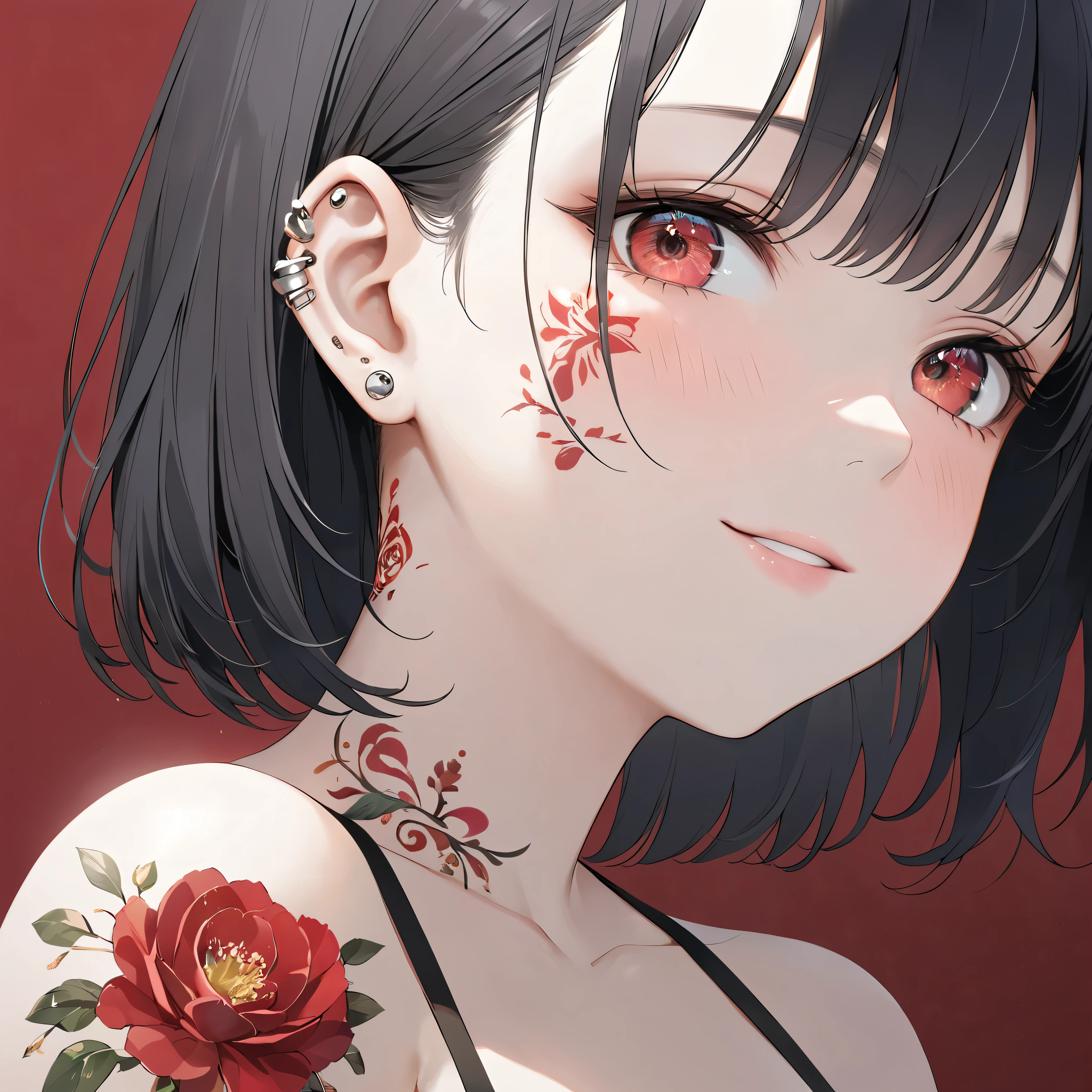 美しい赤いタトゥーが頬にある