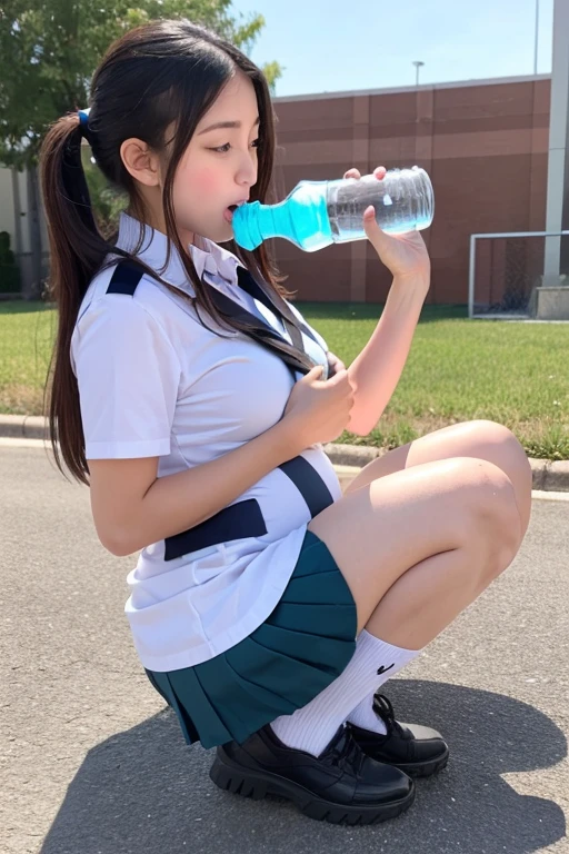A sexy high school student in shorts is vomiting
