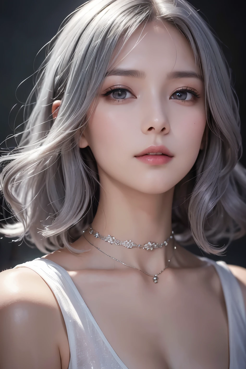 Portrait of a beautiful girl, (gentle wavy dark silver-gray bob hair)、Lilac eyes、(gentle smile), A mature shirt with a collar, a luxurious mansion, (small bust size), close-up, elegant portrait, Alfonse Mucha, Hyper-Realism, depth of fields, Character Chart, hight resolution, masterpiece、fine-art photography,(darkness), blurred background, depth of field, dramatic atmosphere, atmospheric perspective, soft focus, deep shadows,