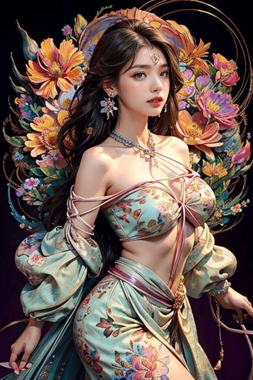 (masterpiece, top quality, best quality, official art, beautiful and aesthetic:1.2), (1girl:1.3), extremely detailed,(fractal art:1.1),(colorful:1.1)(flowers:1.3),highest detailed,(zentangle:1.2), full body, (abstract background:1.3), (shiny skin), (many colors:1.4), ,(earrings), (feathers:1.5),