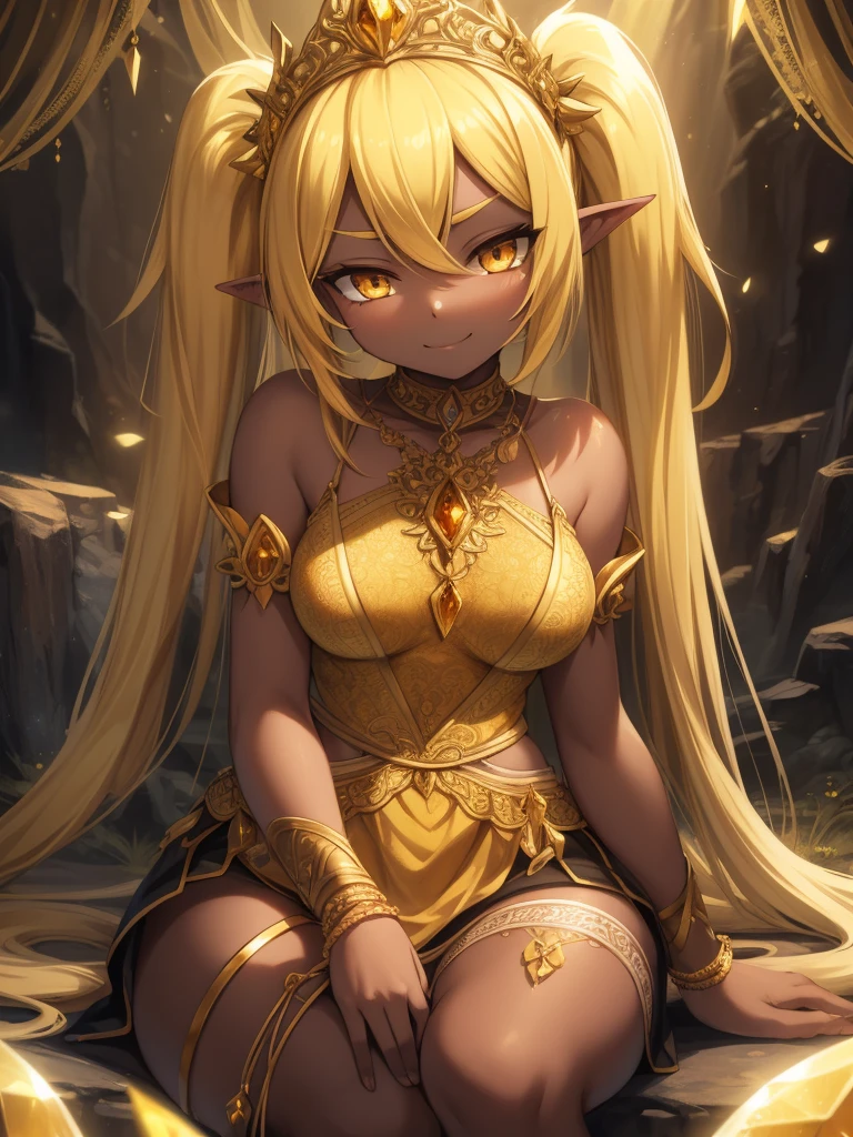 1 dark elf, amber eyes, twintails, (smile:0.9), (parted lips:0.9), cute, dark-skinned female, 
(sideboob:0.7), 
jeweled divine costumes, citrine pelvic curtain, yellow beryl tiara, (lemon quartz thighhighs:0.9), 
sitting, wariza, head tilt, (leaning forward:1.1), 
jewelry world, cracked crystal, luminous gems cave, spotlighting, 
sharp focus, looking at viewer, 
(intricate:1.1), (yellow tone:1.1), (light orange tone:0.9), (yellow atmosphere:1.1), 
llustration, (anime coloring:1.1), high contrast, 
BREAK (masterpiece:1.2), (best quality:1.2), (very aesthetic:1.2), (absurdres:1.2), (detailed background), newest, ai-generated, (intricate details:1.2), 