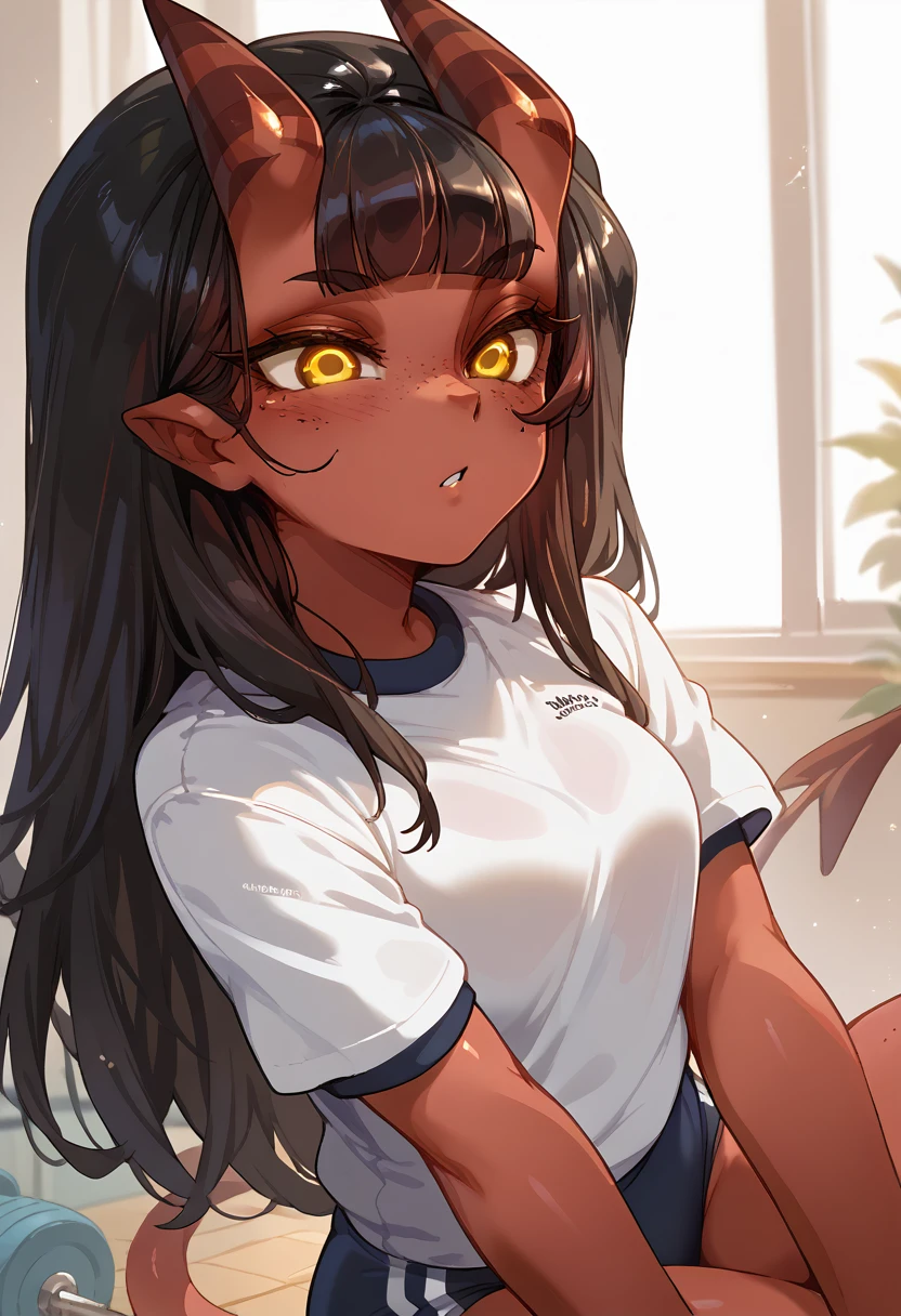 Meru the sucubus, red skin, horns, sucubus, yellow eyes, black hair, freckles on the face, long hair, schoolar gym uniform, withe tshirt, black buruma 