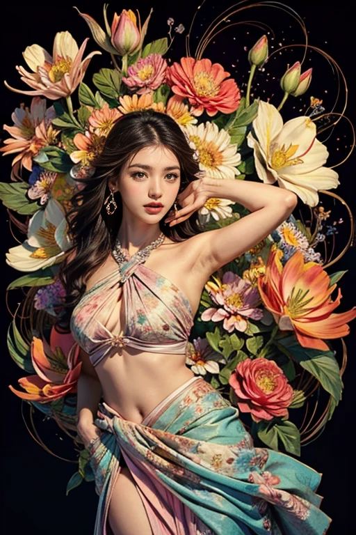 (masterpiece、Official Art,  beautiful:1.2)、Picturesque、sketch、High resolution、Alone、Beautiful woman、Light brown-black hair, Beautiful brown eyes, Beautiful pink lips, Large Breasts, Very detailed、(Fractal Art:1.1)、(colorful:1.1), (Floral:1.6)、Most detailed、(Datura stramonium, Tangle, Intertwined:1.2)、(Dynamic pose)、(Abstract background:1.3)、(Shiny skin)、(Earrings:1.4)、Blue Flower，Colorful flowers, Vibrant colors, Detailed digital art, 